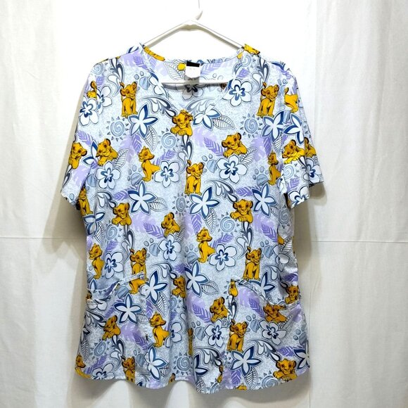 Scrubstar Disney Lion King V-Neck Print Scrub Top XL Simba & Floral Pattern NWOT - Picture 1 of 6
